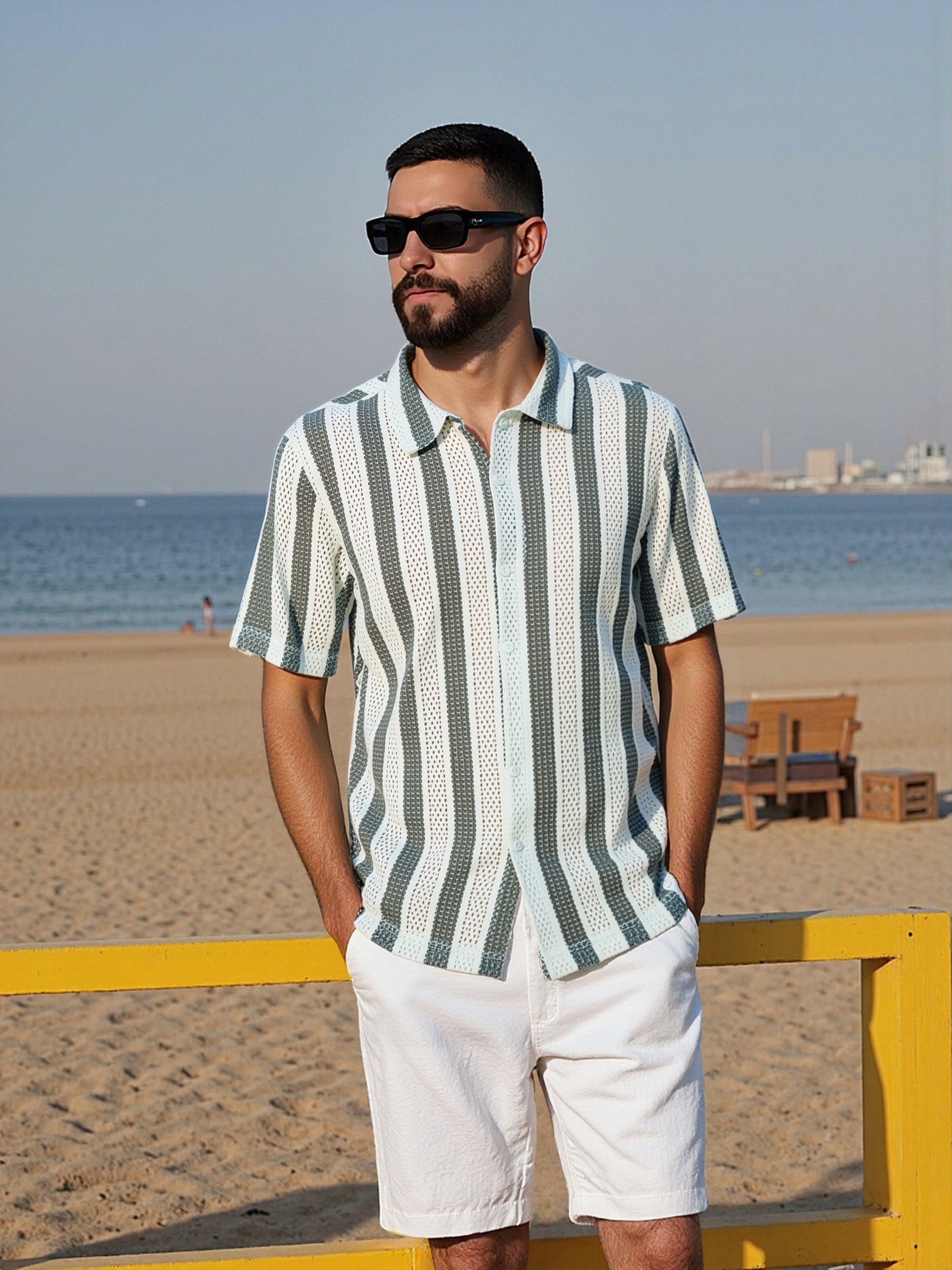 Camisa Masculina Telada Listrada com Botões – Estilo Casual e Leve