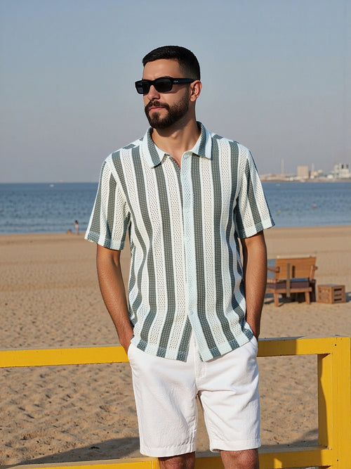 Camisa Masculina Telada Listrada com Botões – Estilo Casual e Leve