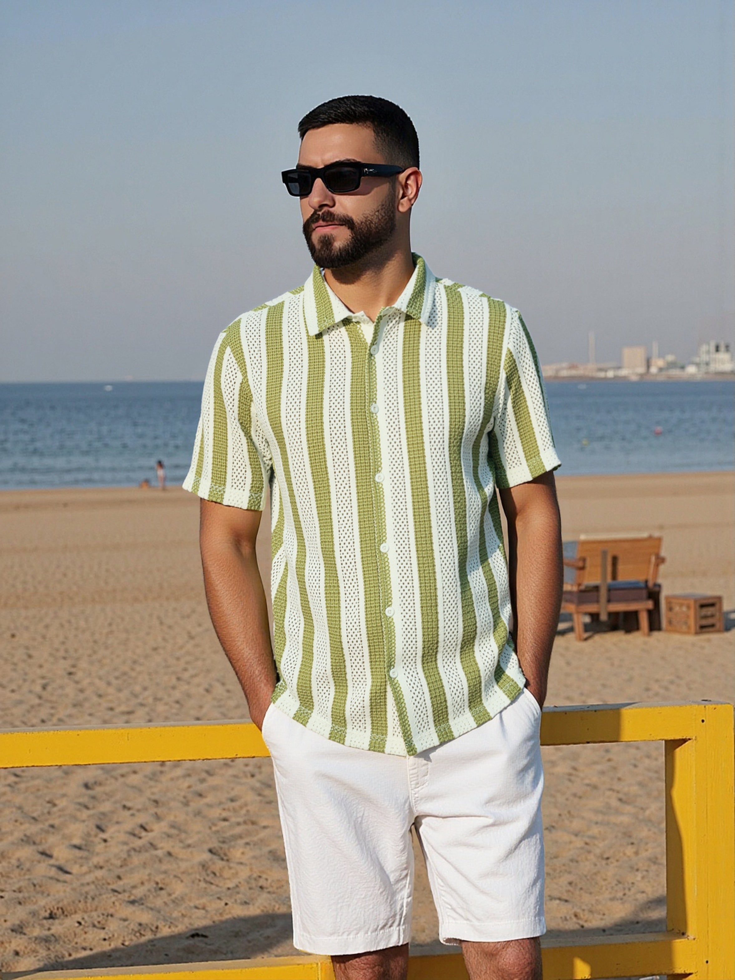 Camisa Masculina Telada Listrada com Botões – Estilo Casual e Leve